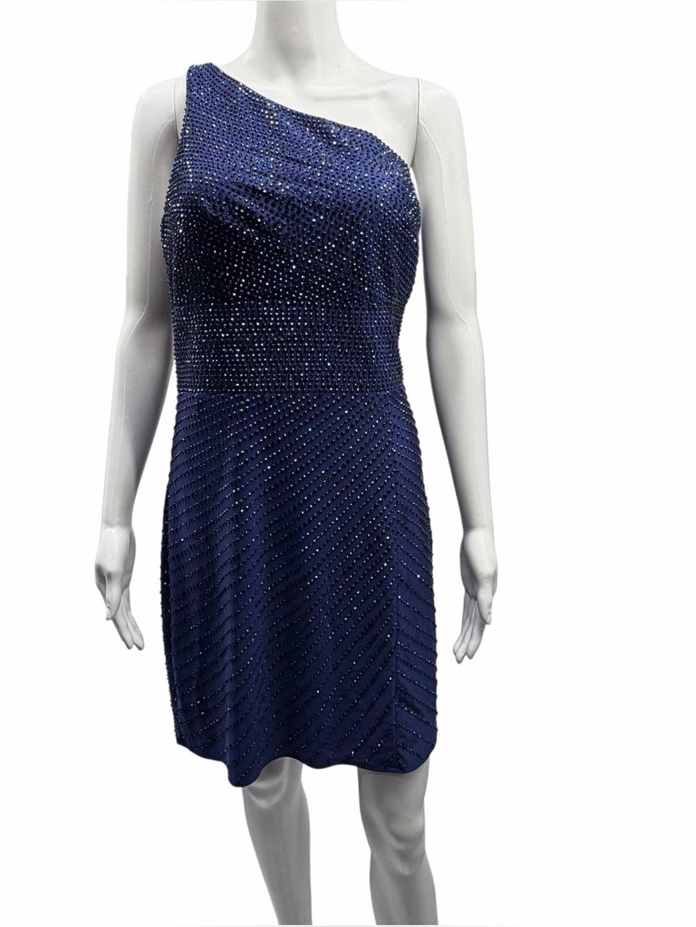 NWT Faviana Navy Blue Beaded One-Shoulder Dress S10910 - Size 14